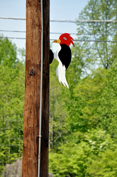 a wooden woodpecker on a pole 