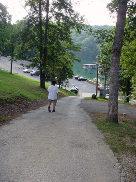 A steep hill leading down to Mountain Lake Marina