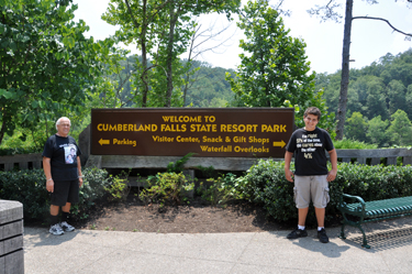 Lee Duquette and Alex at the entry sign to Cumberland Falls
