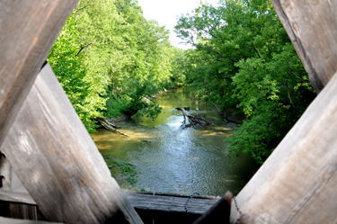 view from inside the Riverdale Road Covered Bridge