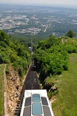 View of the cable car as it starts back down Lookout Mountain