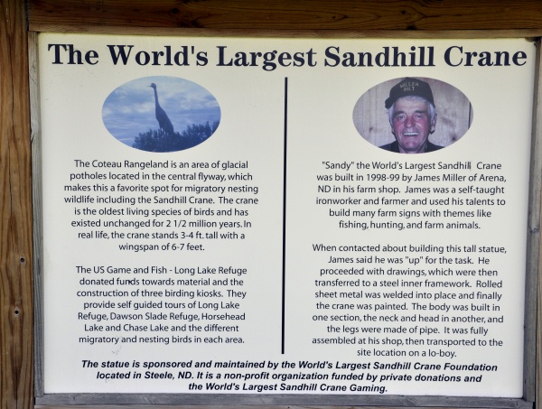 sign about the World's Largest Sandhill Crane statue