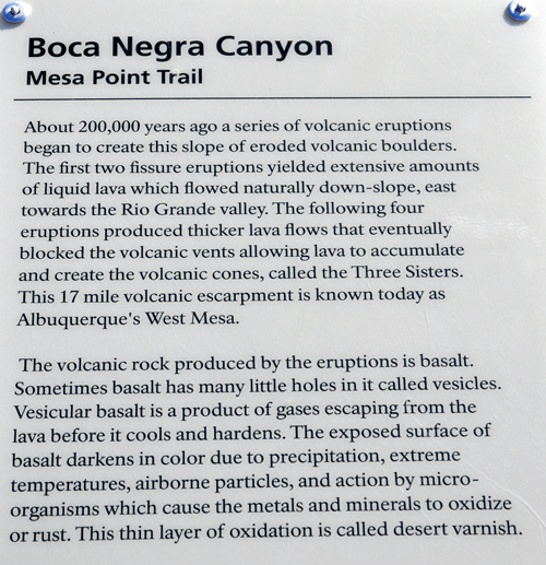 sign about volcanic eruptions along Boca Negra Canyon