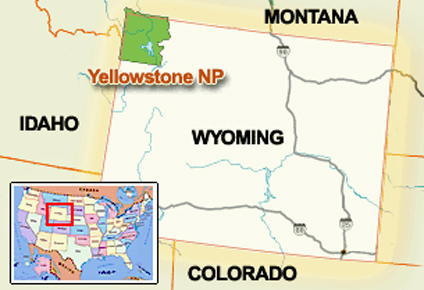 map showing location of Yellowstone in the USA
