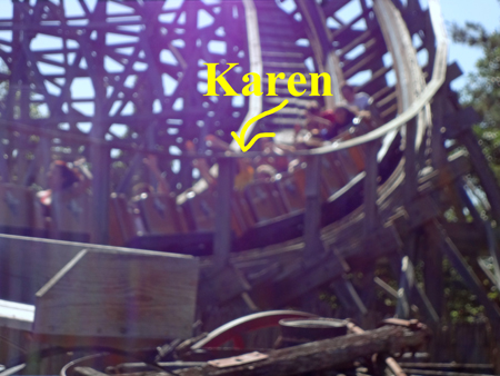 Karen Duquette on the Outlaw roller coaster at Adventureland