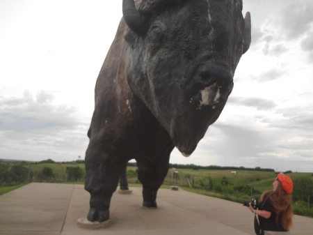 Karen Duquette staring at Karen Duquette standing by the World's Largest Buffalo statue