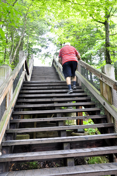 Lee Duquette climbing the stairs at Tahquamenon Falls