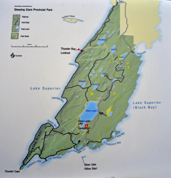 diagram of Sleeping Giant Provincial Park showing Location of Thunder Bay Lookout