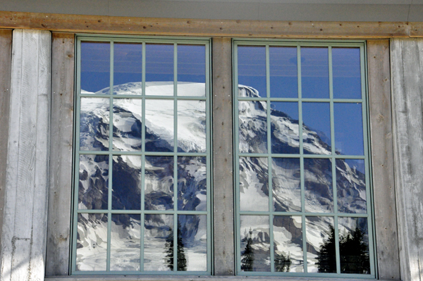 Mount Rainier's reflection in the window