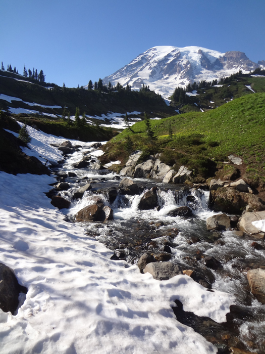 close up view of the snow, and cascading water, plus the top of Mt. Rainier