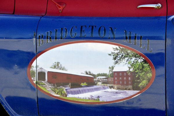 Bridgeton Covered Bridge and Mill painting on a pickup truck