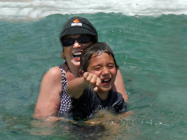 Karen Duquette and her great-grandson in the ocea