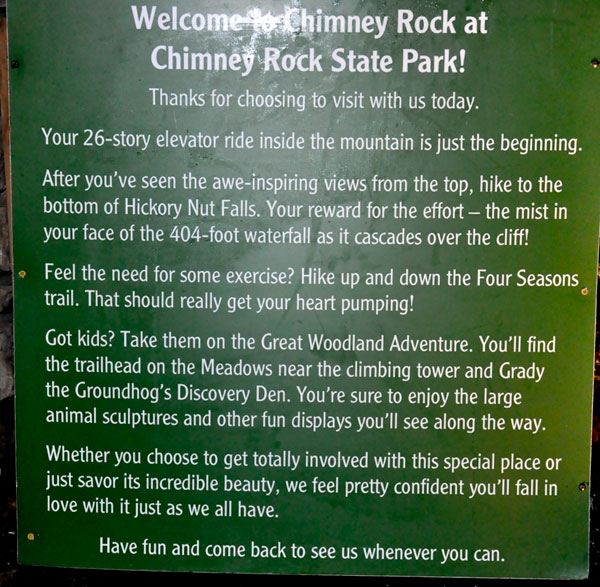 welcome to Chimney Rock sign