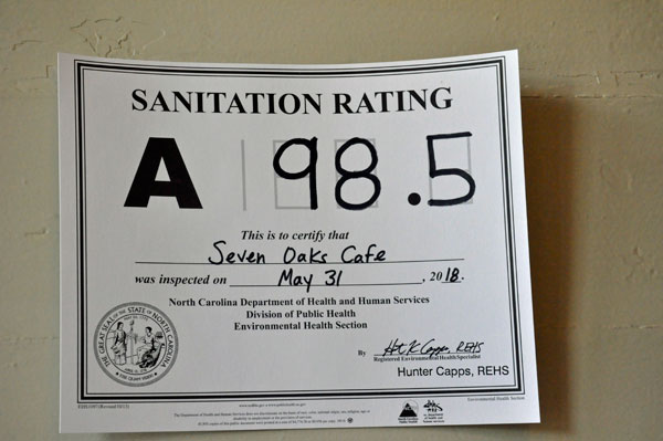 Seven Oaks Cafe Sanitation rating 2018