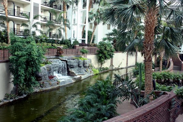 smaller waterfall and boat track inside the Gaylord Opryland Hotel