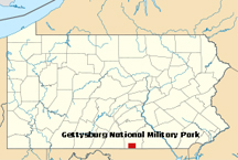 map of Pennsylvania showing location of Gettysburg National Military Park