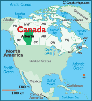 North America map showing location of Canada and Alberta