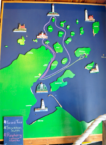 A map of the Apostle Islands, the the lighthouses, and the cruise route