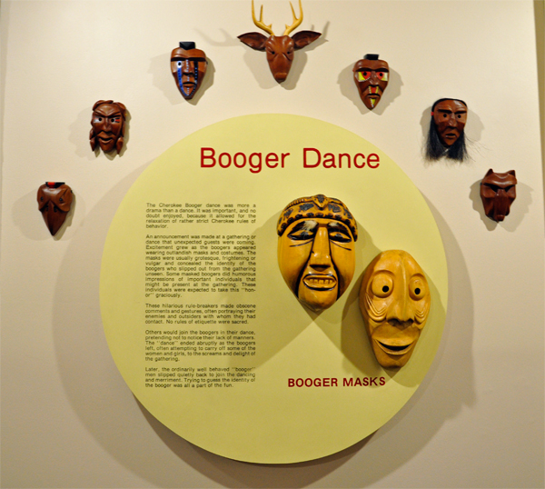 sign about the Booger Dance and some masks