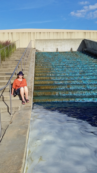 Karen Duquette at the the Flint RiverQuarium's staircase waterfall