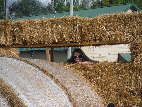 Karen Duquette inside the hay train