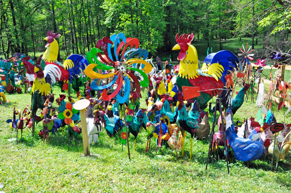 roosters and a big pinwheel