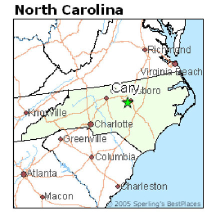 map showing location of Cary NC