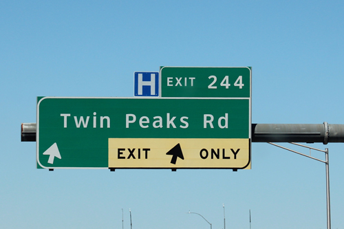 Twin Peaks Road exit sign
