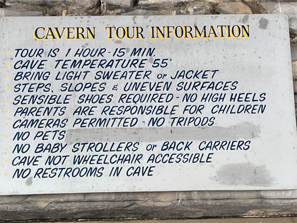 Endless Caverns Tour Information sign
