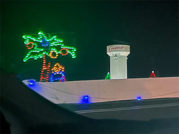 Concord water tower and christmas trees and a boat