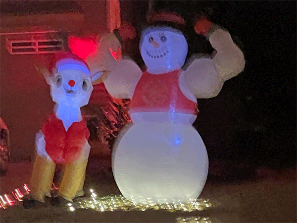 Rudolph and a muscele snowman