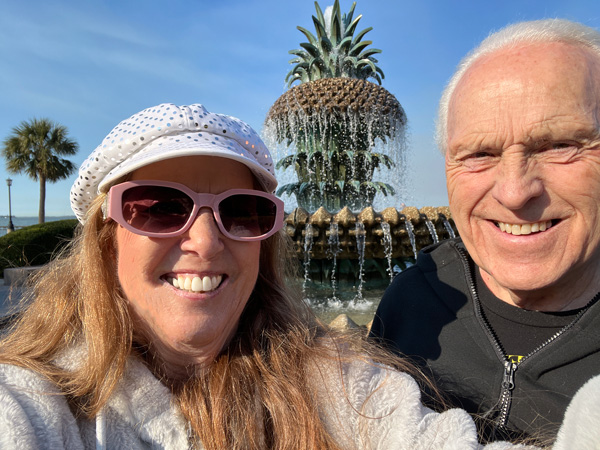 The Two RV Gypsies at the the Pinapple Fountain in Waterfront Park