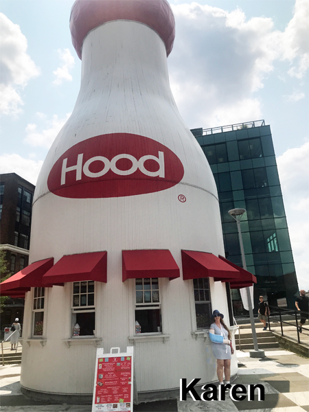 Karen Duquette and a big milk bottle