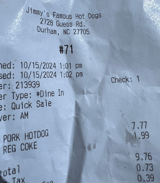 Jimmy's Famous Hot Dogs receipt