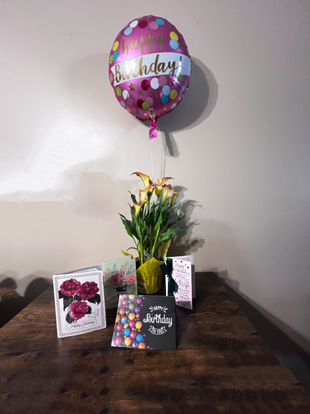 Calla Lilly flower,birthday balloon and  cards