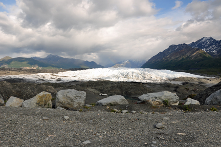 gravel, sand and large boulders that has been deposited by the glacier,