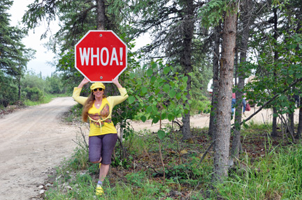 Karen and a "Whoa" sign