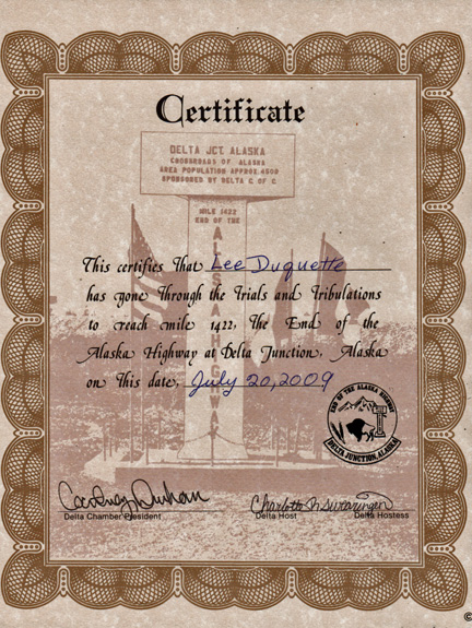 Lee Duquette's end of the Alaska Highway certificate