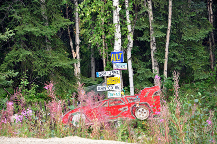 woods, a car and old signs