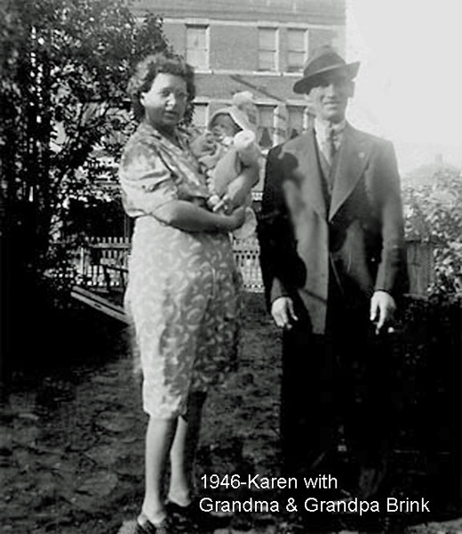 Baby Karen Rasmussen and her grandparents - the Brinks.