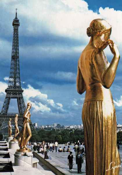 The Eiffel Tower and gold statues