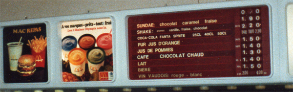 menu for McDonalds in Lausanne