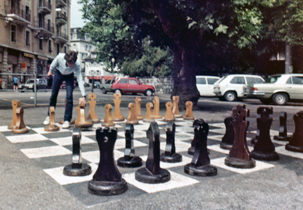 Brian Duquette and a giant chess set in Ouch