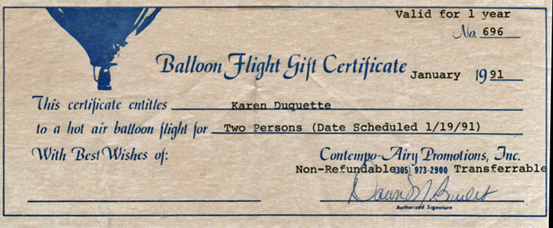 Hot air balloon gift certificate