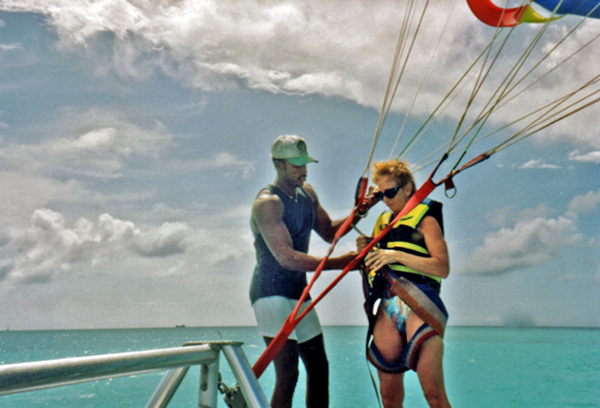 Karen Duquette getting ready for parasailing in Aruba
