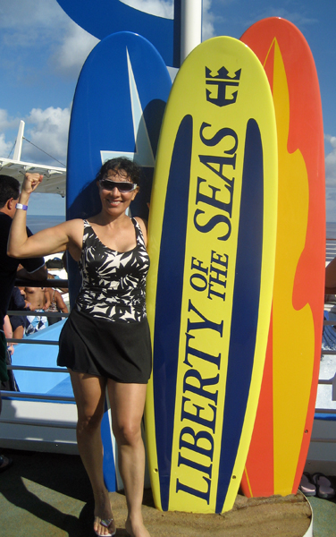 Amy tinoco and The Liberty of the Seas surfboard