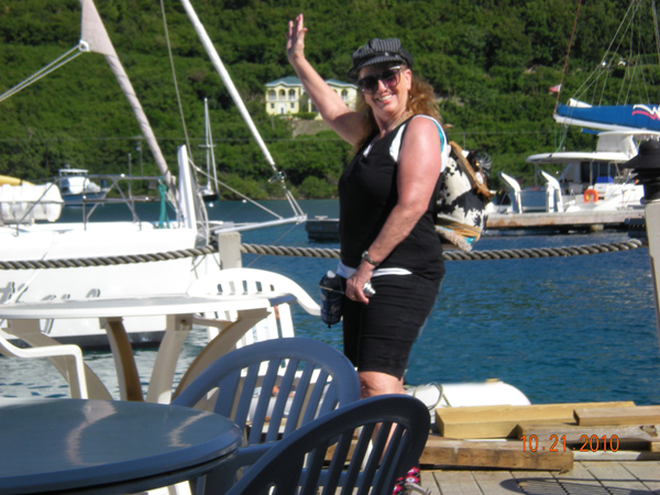 Karen Duquette and sailboats at Soper's Wharf