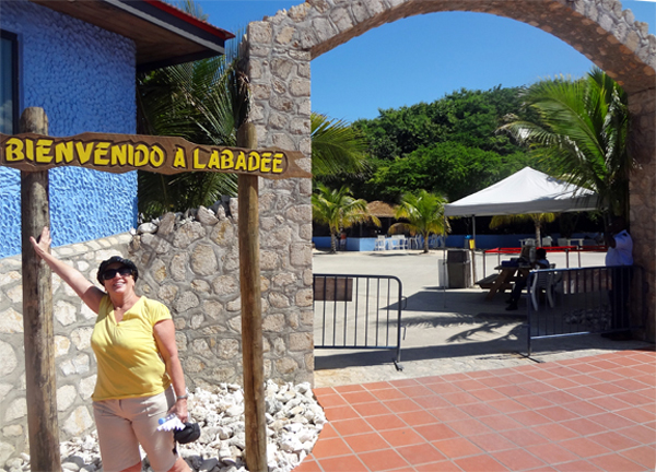 Karen Duquette at the entrance to Labadee, Haiti