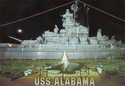 USS Alabama at night