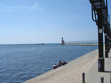 Michigan City Lighthouse and 2 fishermen